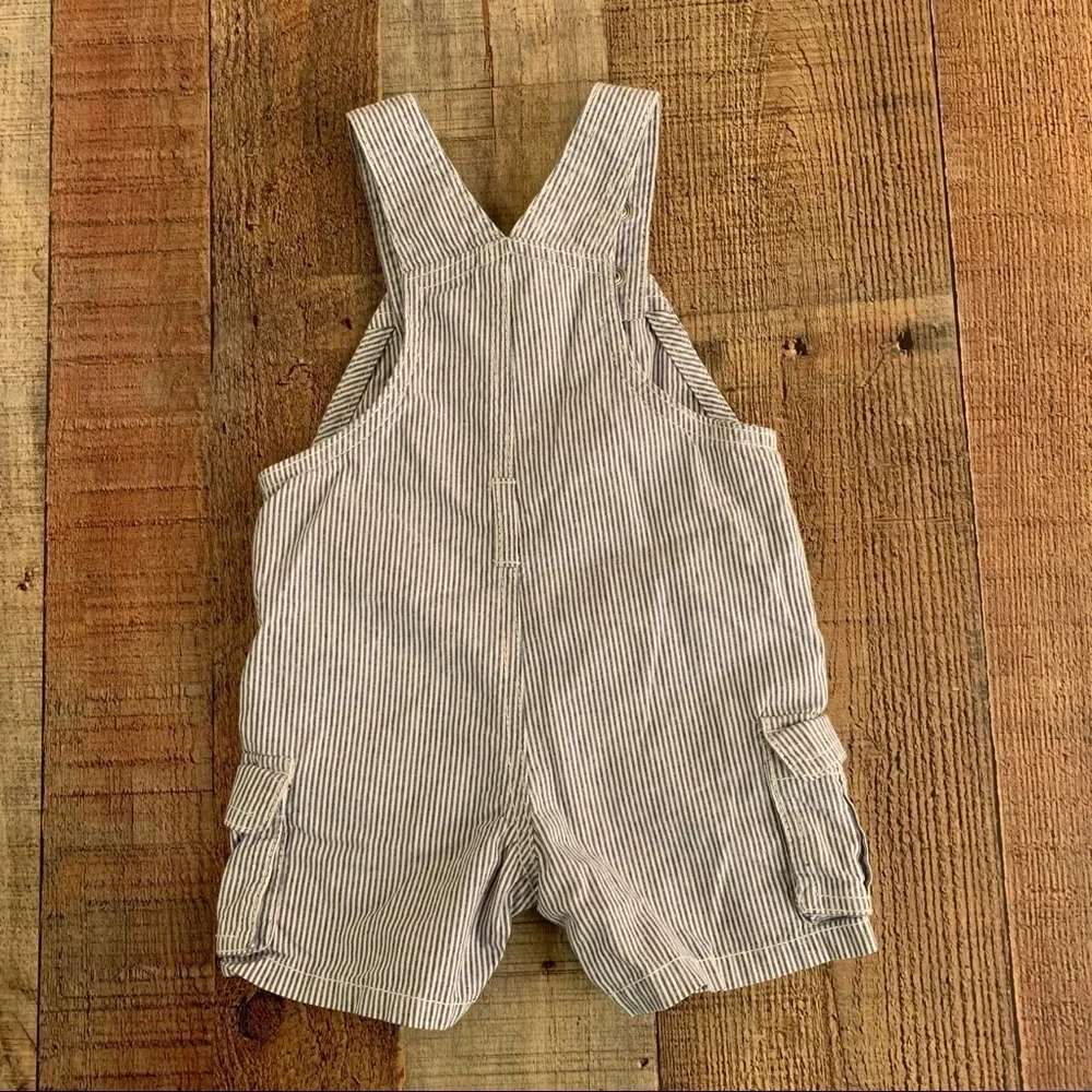 Gymboree baby boys blue and white striped overall shorts with cargo pockets